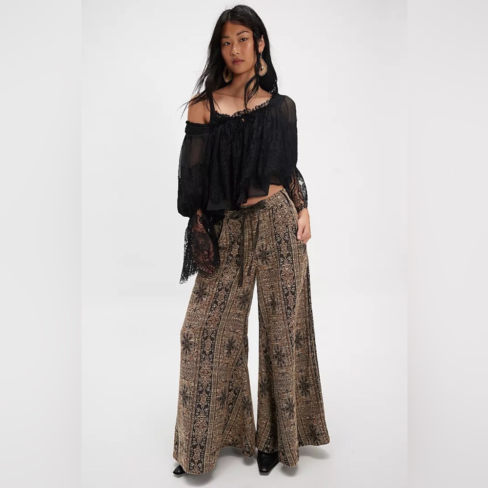 New Free People Dahlia Jacquard Bohemian Tapestry Wide Leg Flare Belted Pants